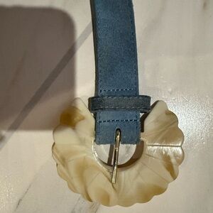 Sezane Sandy Belt - Blue suede belt with cream tortoiseshell buckle. Size 100